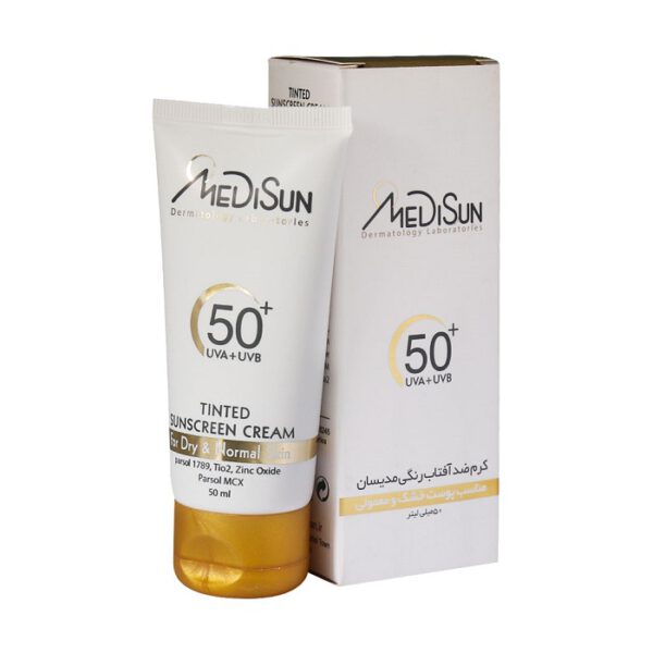 کرم ضد آفتاب رنگی SPF50 مدیسان مناسب پوست معمولی و خشک ۵۰ میلی لیتری